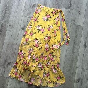 Ruffled Wrap Maxi Skirt Yellow Floral Hummingbird